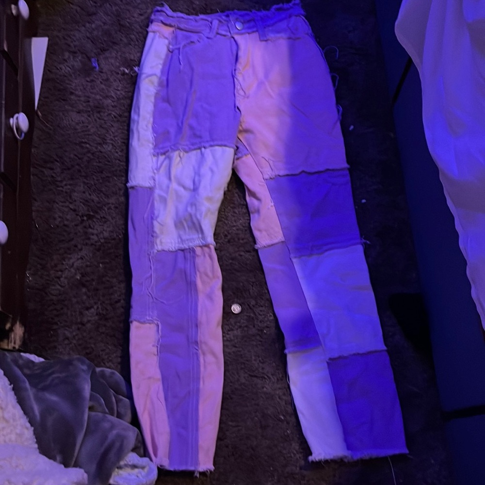 pink purple and white straight leg jeans